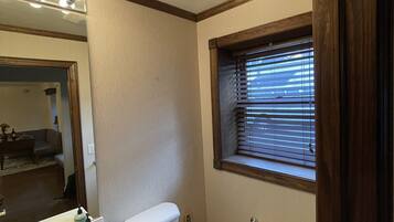 A bathroom with a toilet, sink, and window with blinds.