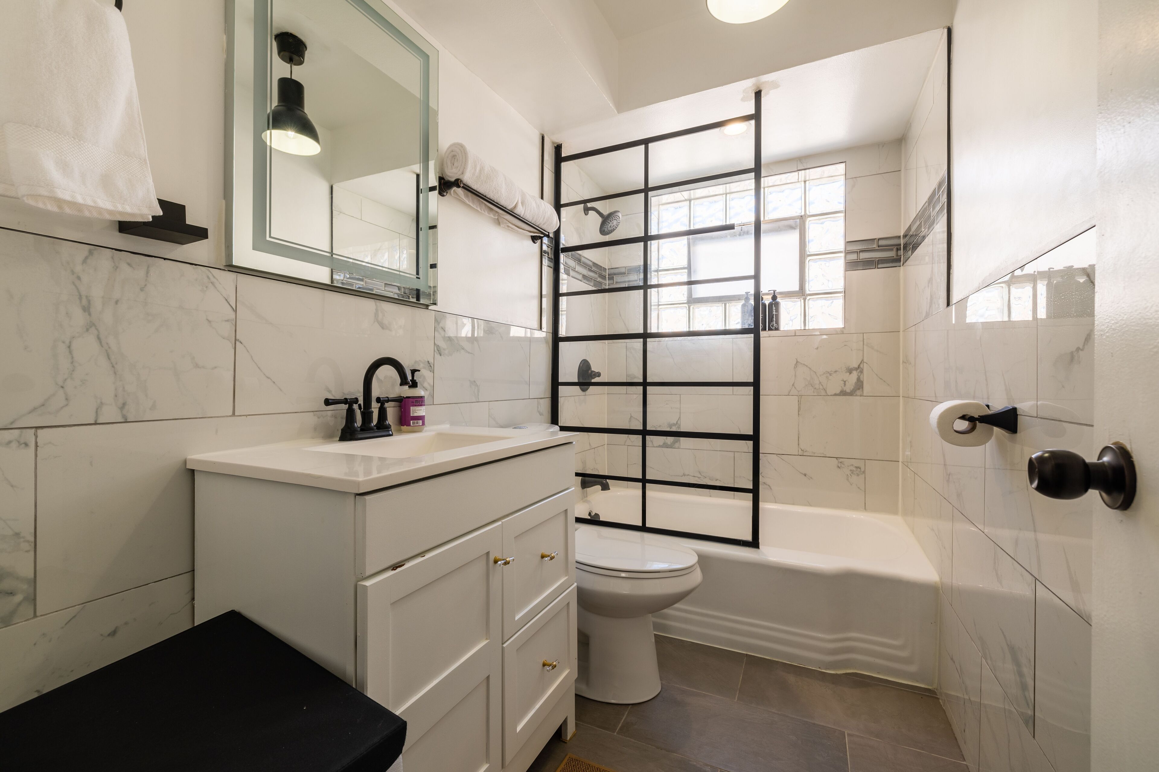 Hair dryer, towels, soap, shampoo