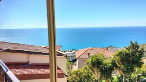 Vista costera con cielo despejado, un balcón con tejado de baldosas y una vista lejana del mar.