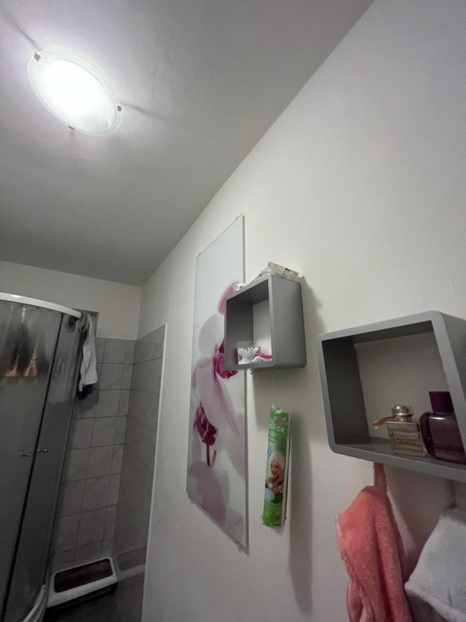 A bathroom with a shower, a mirror, a shelf with toiletries, and a towel rack.
