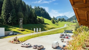 Um estacionamento com carros e um caminhão, rodeado por campos verdes e uma floresta.