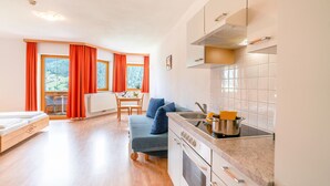 A compact living space with a kitchenette, a sofa, a dining table, and a view of the outdoors. - Apartment in Neustift Near Ski Lift (Neustift Im Stubaital)