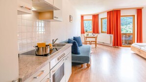 A modern kitchen with a stove, sink, and cabinets, a dining area with a table and chairs, and a living room with a sofa and a view of the outdoors. - Apartment in Neustift Near Ski Lift (Neustift Im Stubaital)