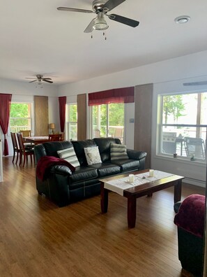 DVD player, books, video library, stereo