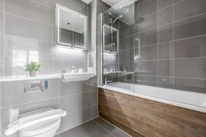 Hair dryer, towels, soap