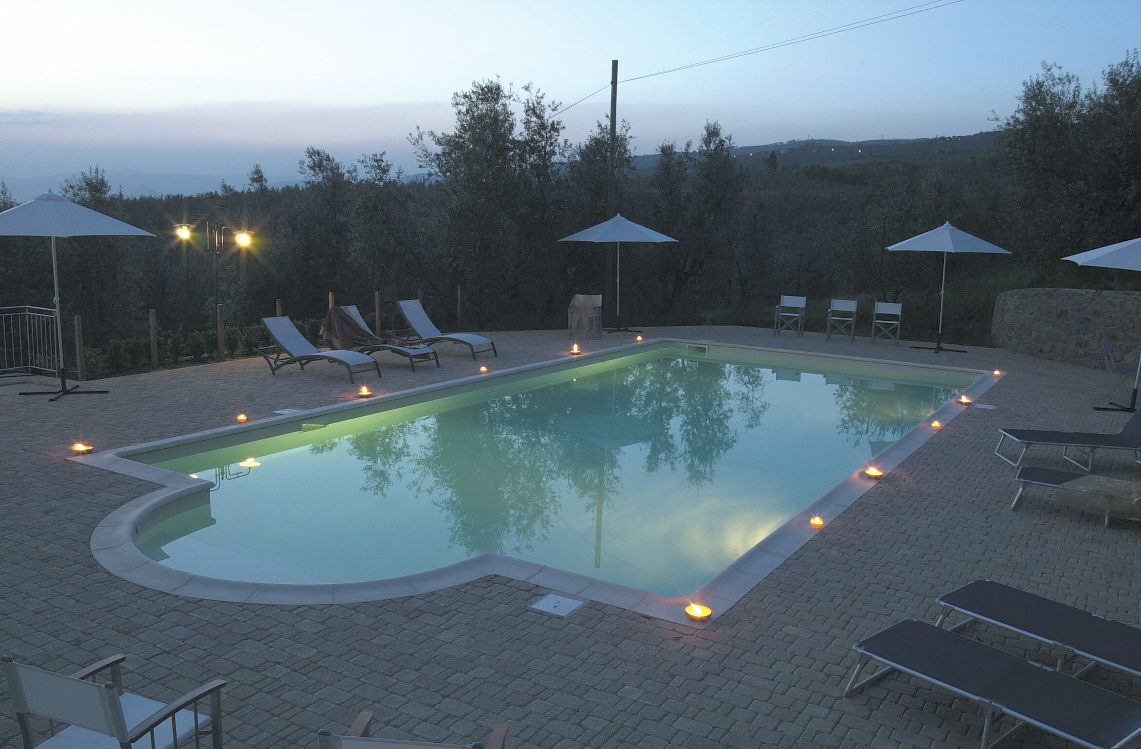 Una piscina rettangolare con bordo curvo, circondata da lettini e ombrelloni, su un patio lastricato con vista su alberi e colline sullo sfondo.