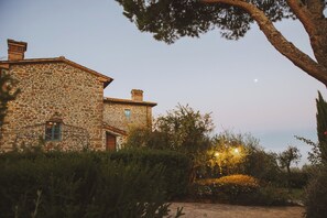 Edifici de pedra amb jardí i un arbre.
