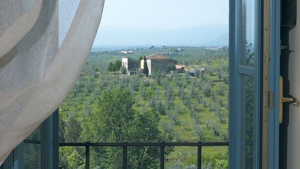 Una habitación con un ventanal grande que da a un paisaje verde con edificios al fondo.