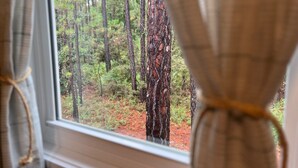 Vista pela janela de uma floresta, com um tronco de árvore em destaque.