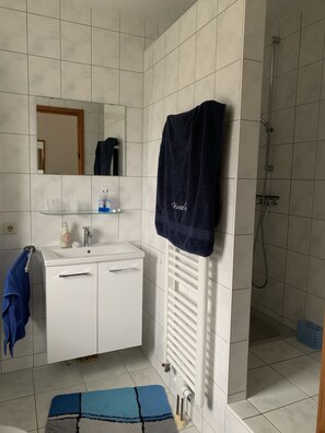 Shower, hair dryer, soap