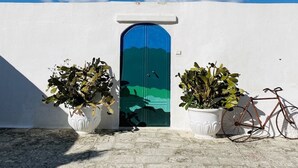 Un edificio blanco con una puerta azul, dos plantas en macetas y una bicicleta.