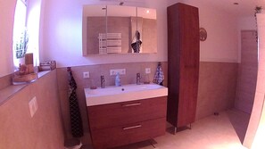 Shower, hair dryer, towels, soap