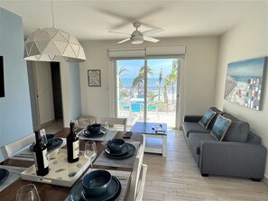 Premier Villa, 2 Bedrooms, Non Smoking, Ocean View | Living area | 75-inch LED TV with cable channels, TV, Netflix