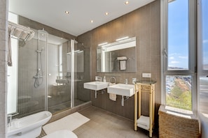 Regadera, secadora de cabello, bidet, toallas