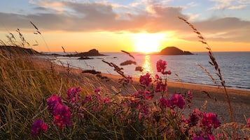 Vlak bij het strand, ligstoelen
