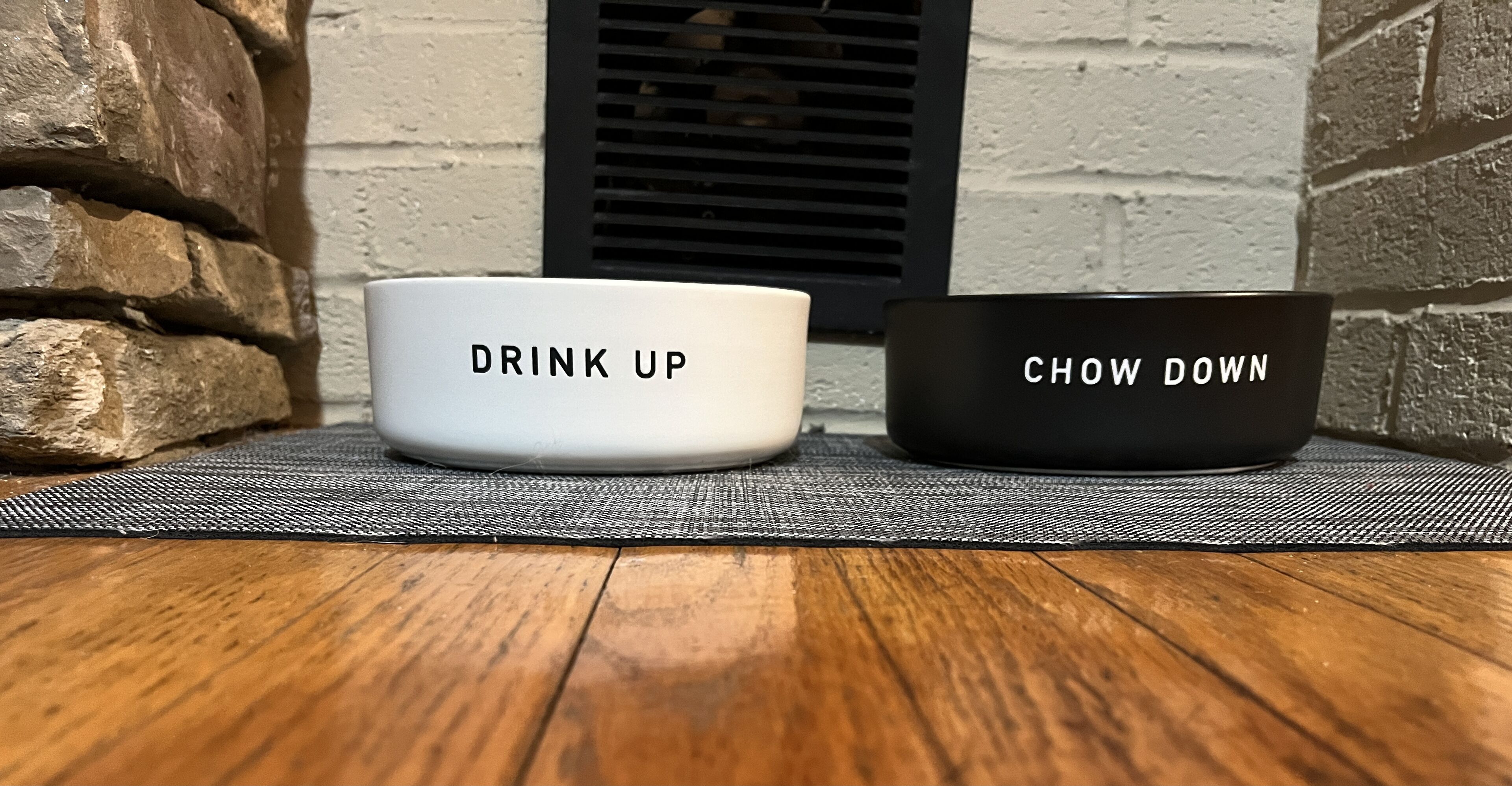 Zwei Schüsseln auf einer strukturierten Matte, mit der Aufschrift 'DRINK UP' und 'CHOW DOWN'.