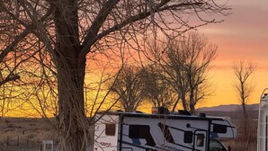 A white RV with 'Monty' and 'Huntseeker' branding parked in a lot with picnic tables and a tree.