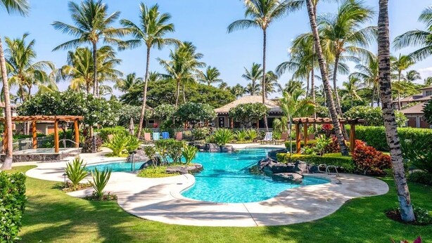 A pool area with palm trees, a gazebo, and a well-maintained lawn. - Golf Villas at Mauna Lani Q22 -1,460 sq Beach Club Access (Waimea)
