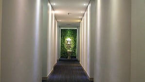 A long, narrow hallway with a dark carpet, white walls, and a green wall at the end. - Hotel ByHours Circunvalar (Barranquilla)
