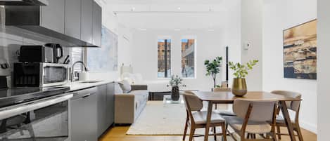 Premium One-Bedroom with Sofa Bed | Private kitchen | Full-size fridge, microwave, oven, stovetop