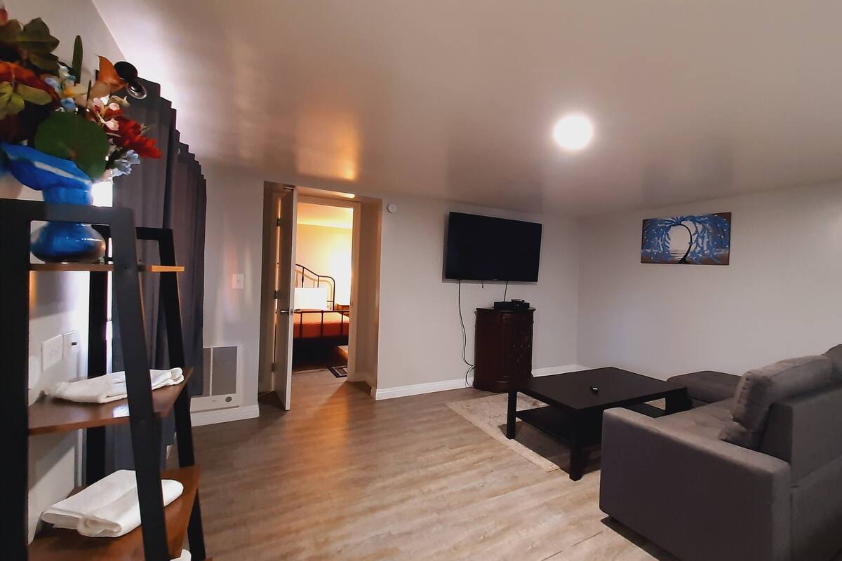 A living room with a sofa, a coffee table, a TV, and a painting on the wall.
