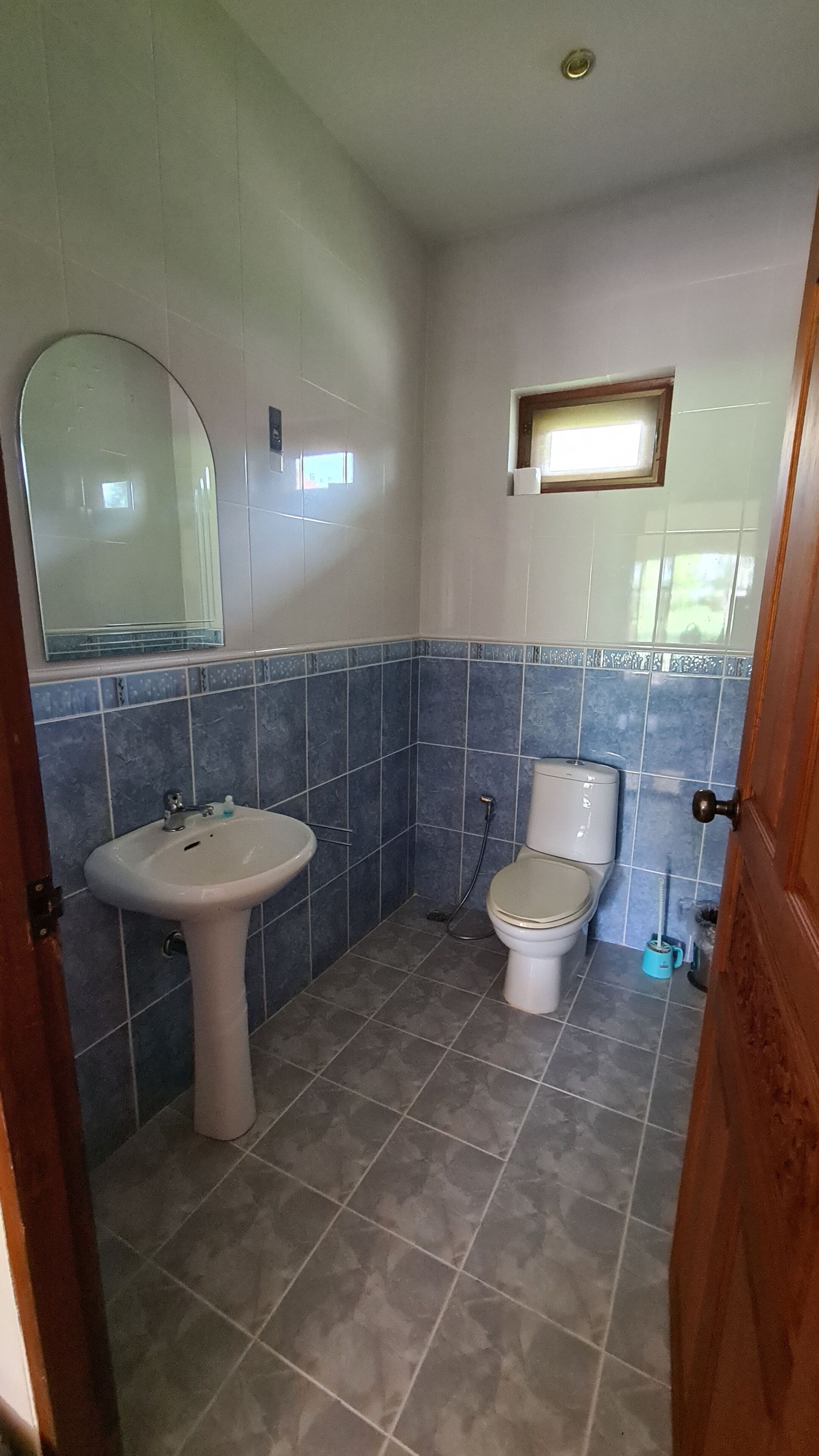 A bathroom with a sink, toilet, and mirror.