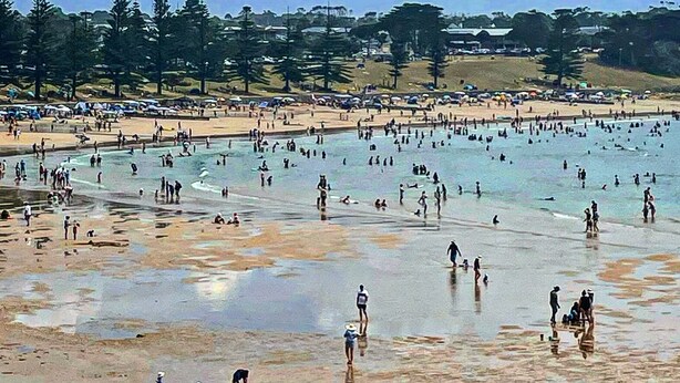 A beach with people swimming and walking on the shore. - Family & Pet Friendly - Only 1 Block From The Beach & Flying Fox Playground (Torquay)