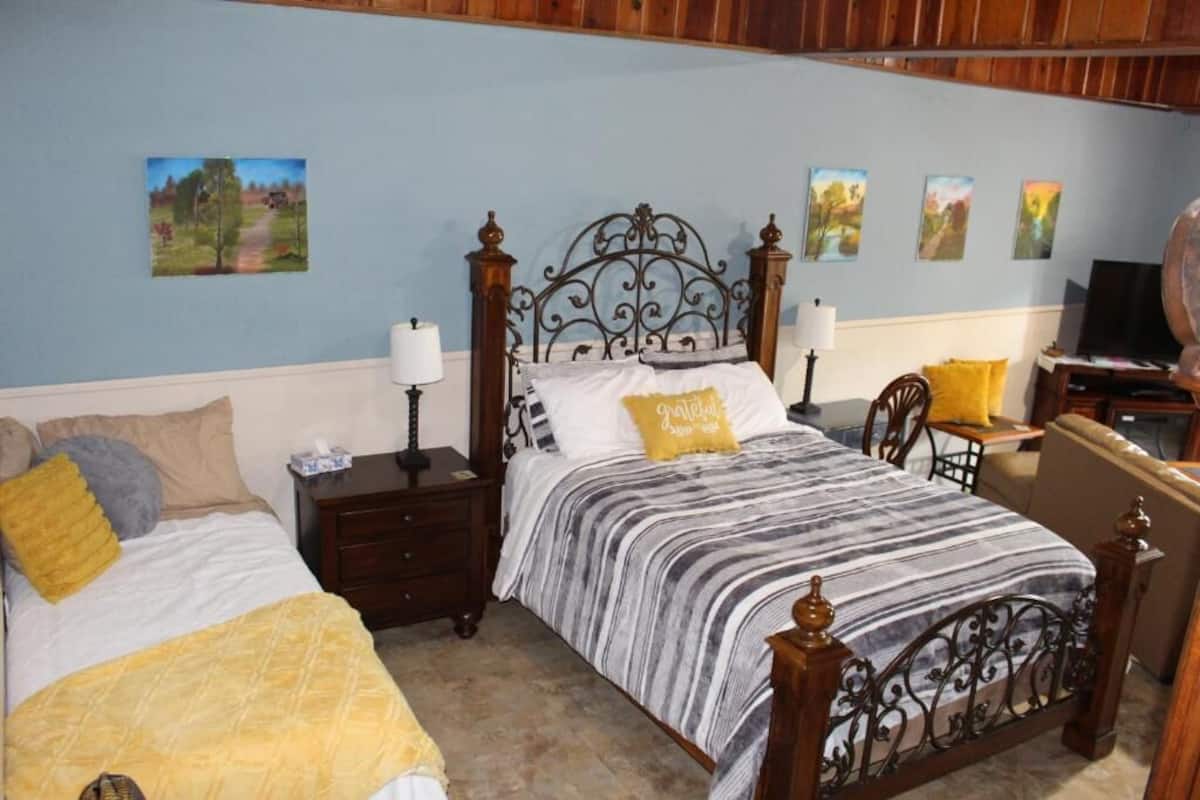 A bedroom with a large bed, two bedside tables, a nightstand, a chair, and a television.