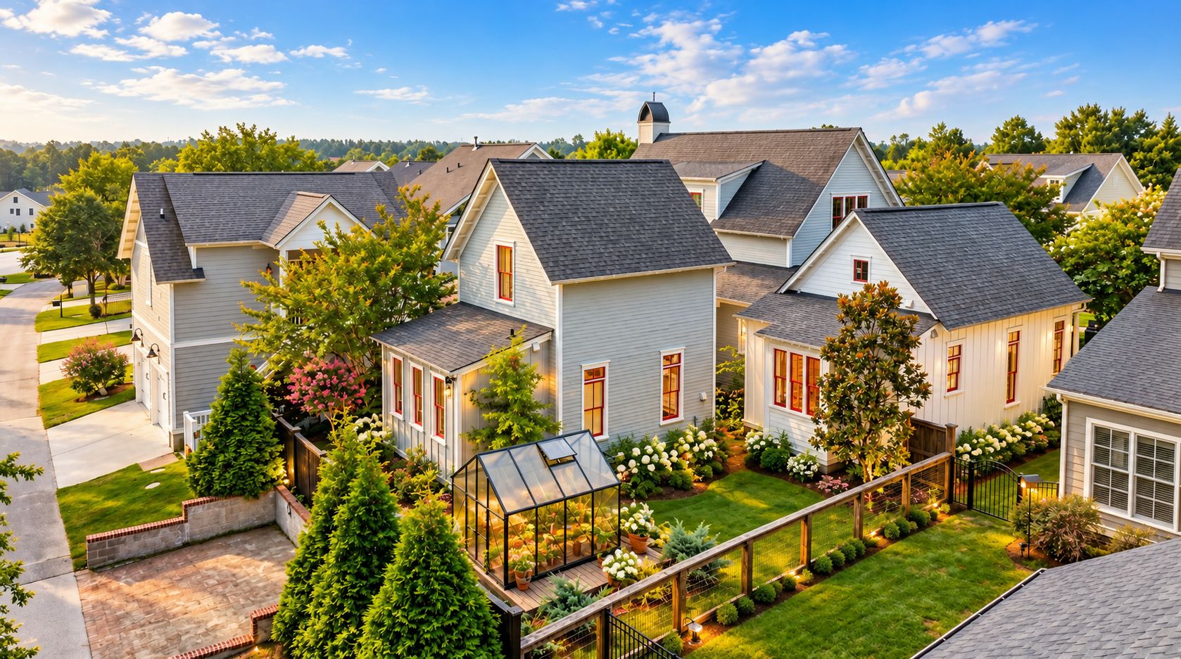 A residential area with multiple houses, a greenhouse, and a well-maintained lawn.