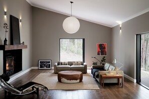 Älytelevisio, takka, kirjoja, stereot