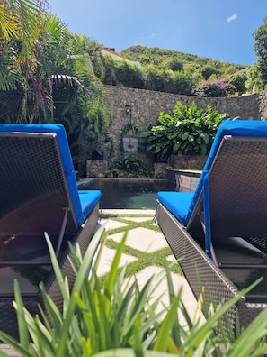 Un espace piscine agrémenté de deux chaises longues bleues, d’un mur en pierre et d’une végétation luxuriante.