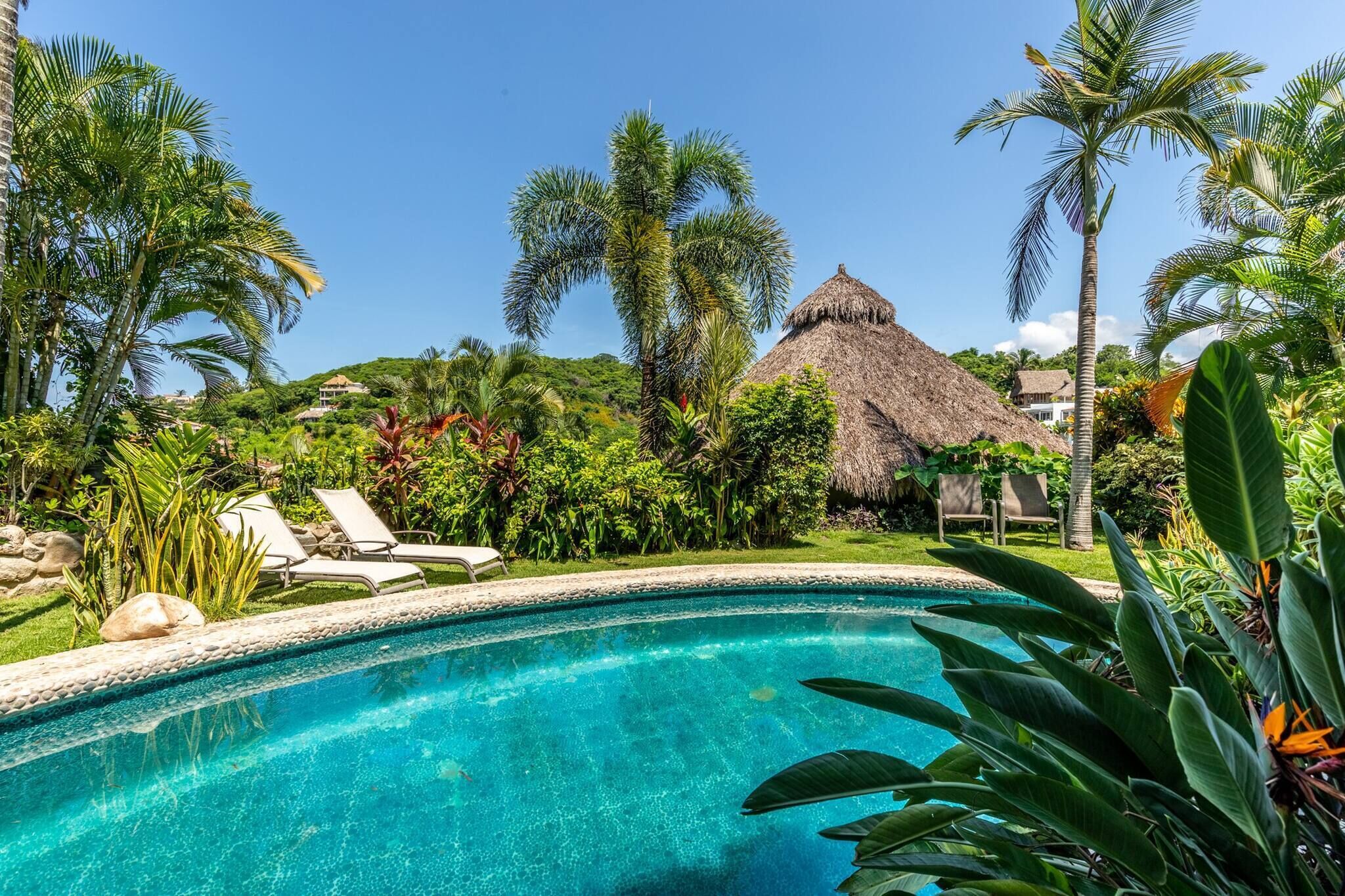 A clear blue pool surrounded by lush greenery and a thatched-roof building.