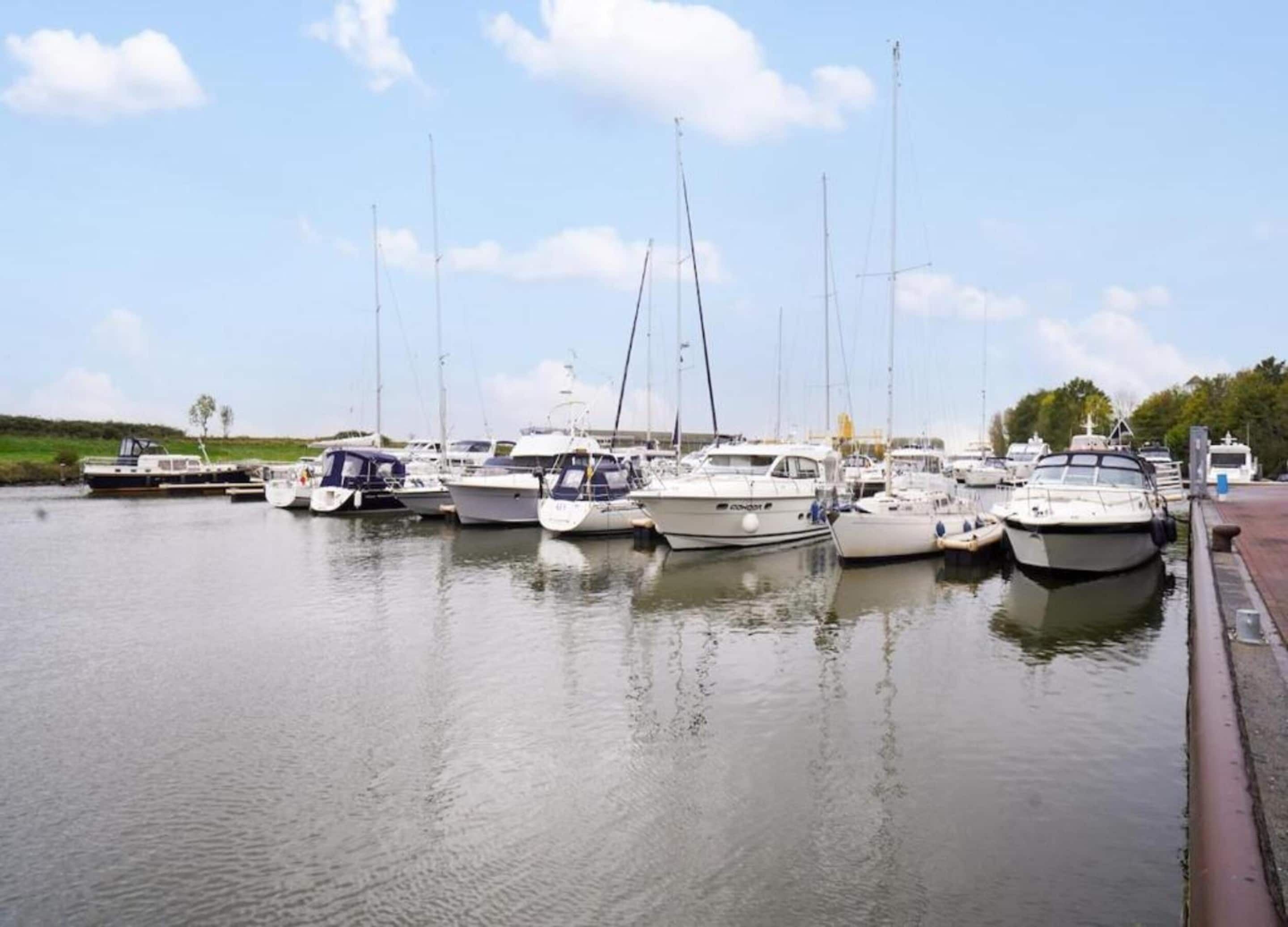 A marina with several boats docked along the water's edge.