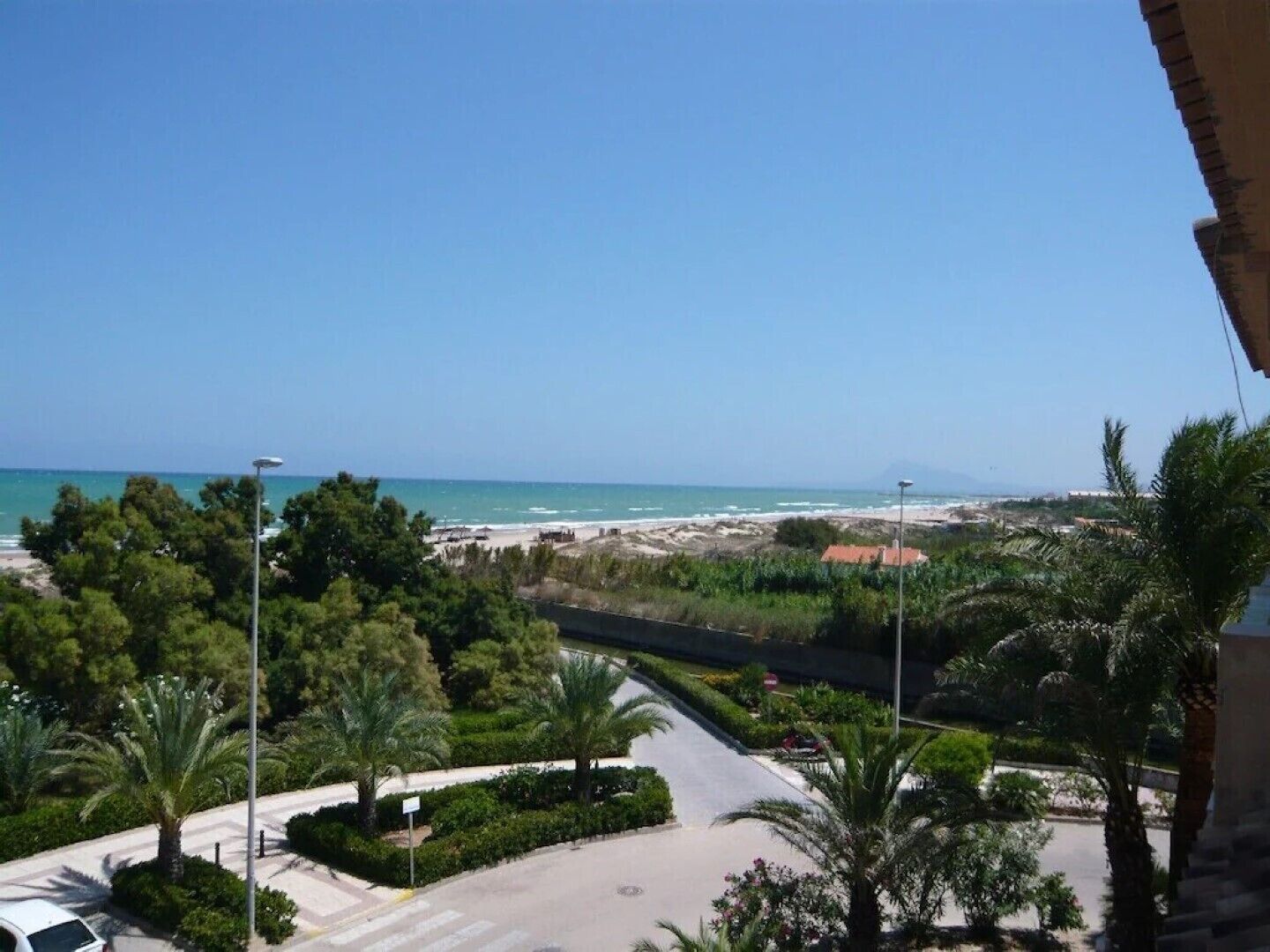 A coastal view with a road leading to a beach, surrounded by greenery and palm trees.