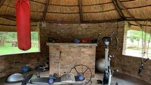 A gym with a brick wall, a punching bag, exercise equipment, and a view of greenery outside.