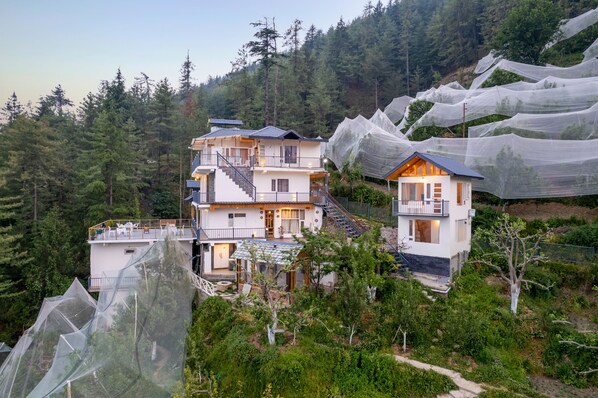 A multi-story house with a balcony, surrounded by dense forest and netted structures. - Jomotel Dayaar (Theog)