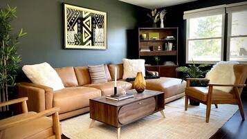 TV, fireplace, books, offices