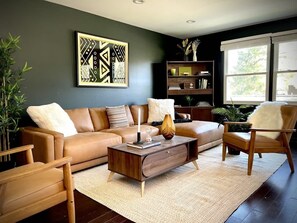 TV, fireplace, books, offices