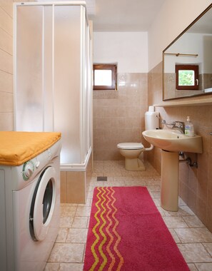 Een kleine badkamer met een wasmachine, toilet, wastafel en douche.
