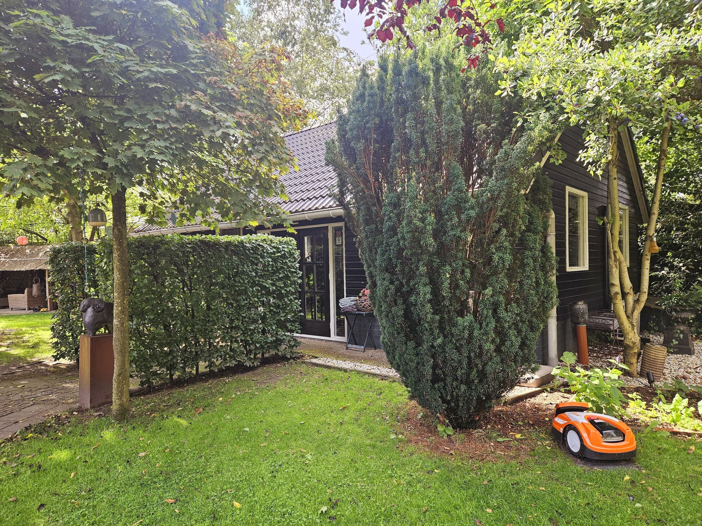 Ein gepflegter Garten mit Rasen, einer Hecke und einem kleinen, orangefarbenen Spielzeugauto.