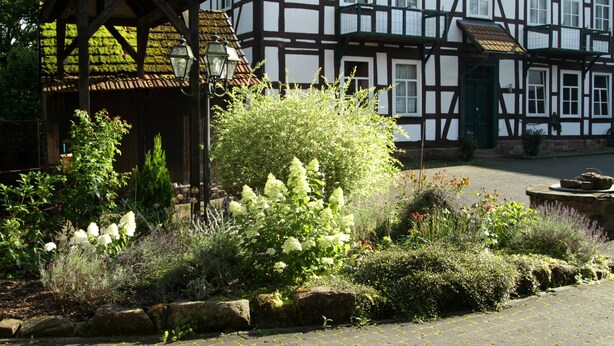 A traditional half-timbered building with a garden in front. - Get-together in Fewo Holunder; celebrations with family and friends (Rosenthal)