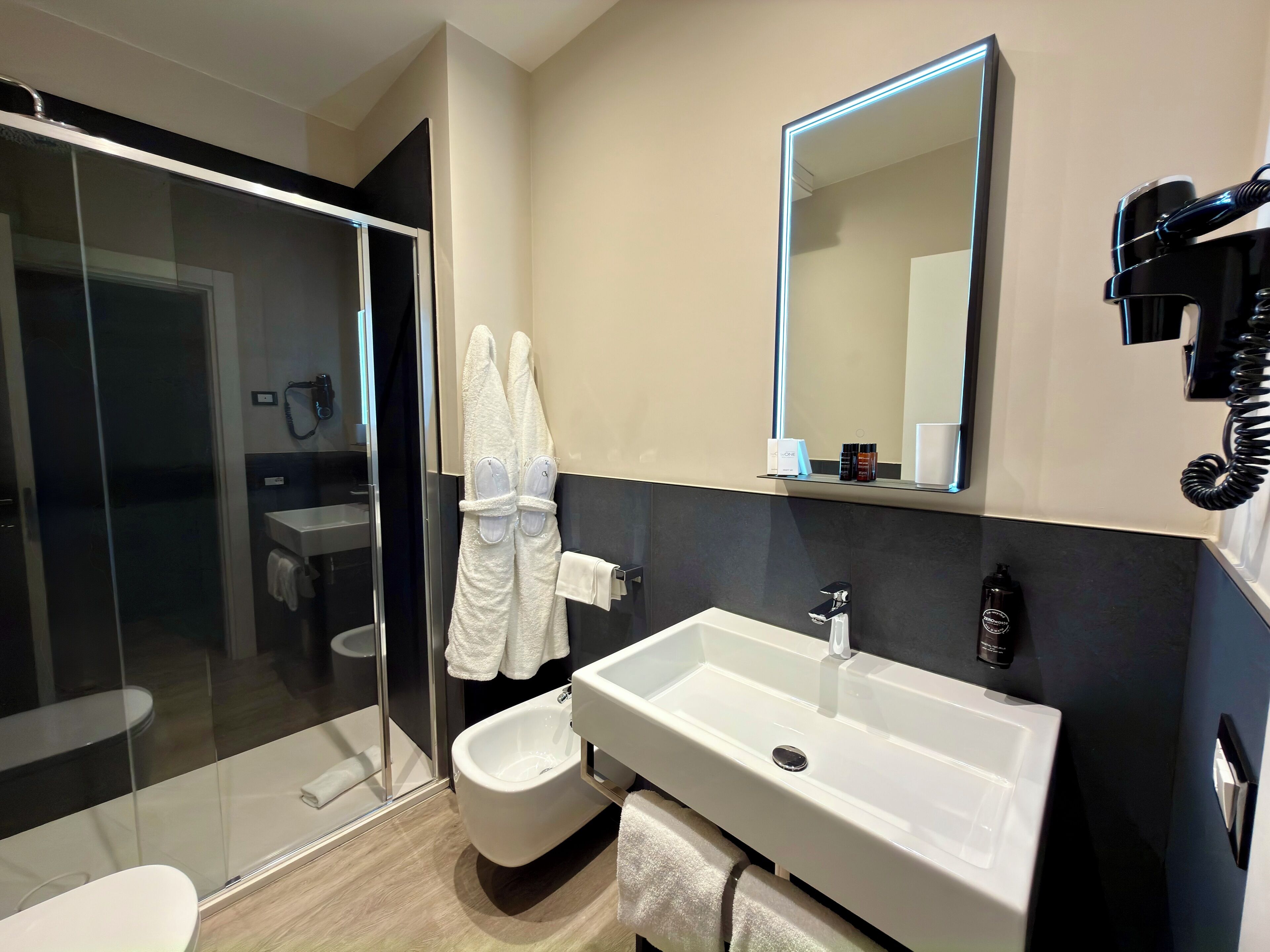 A modern bathroom with a glass shower enclosure, a white sink, and a large mirror.