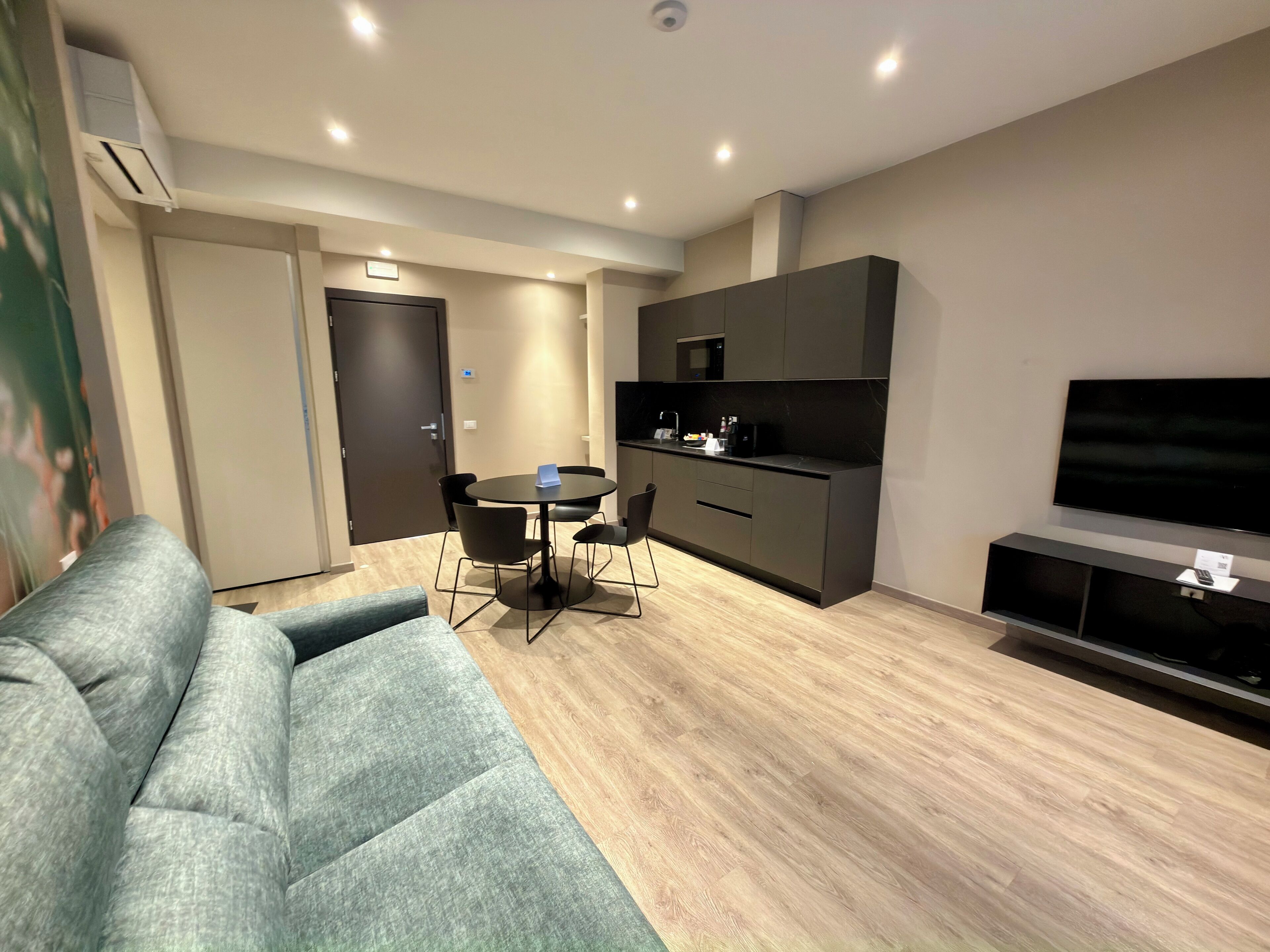 A modern living room with a grey sofa, a dining table with chairs, a flat-screen TV, and built-in kitchen appliances.