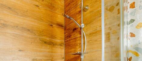 Douche met regenstortdouche en handdouche, houten wand en glazen douchecabine.