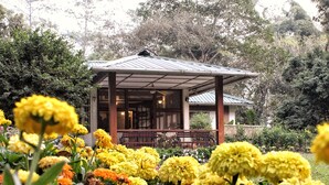Een paviljoen met een pannendak en houten reling, omgeven door een tuin met gele bloemen.