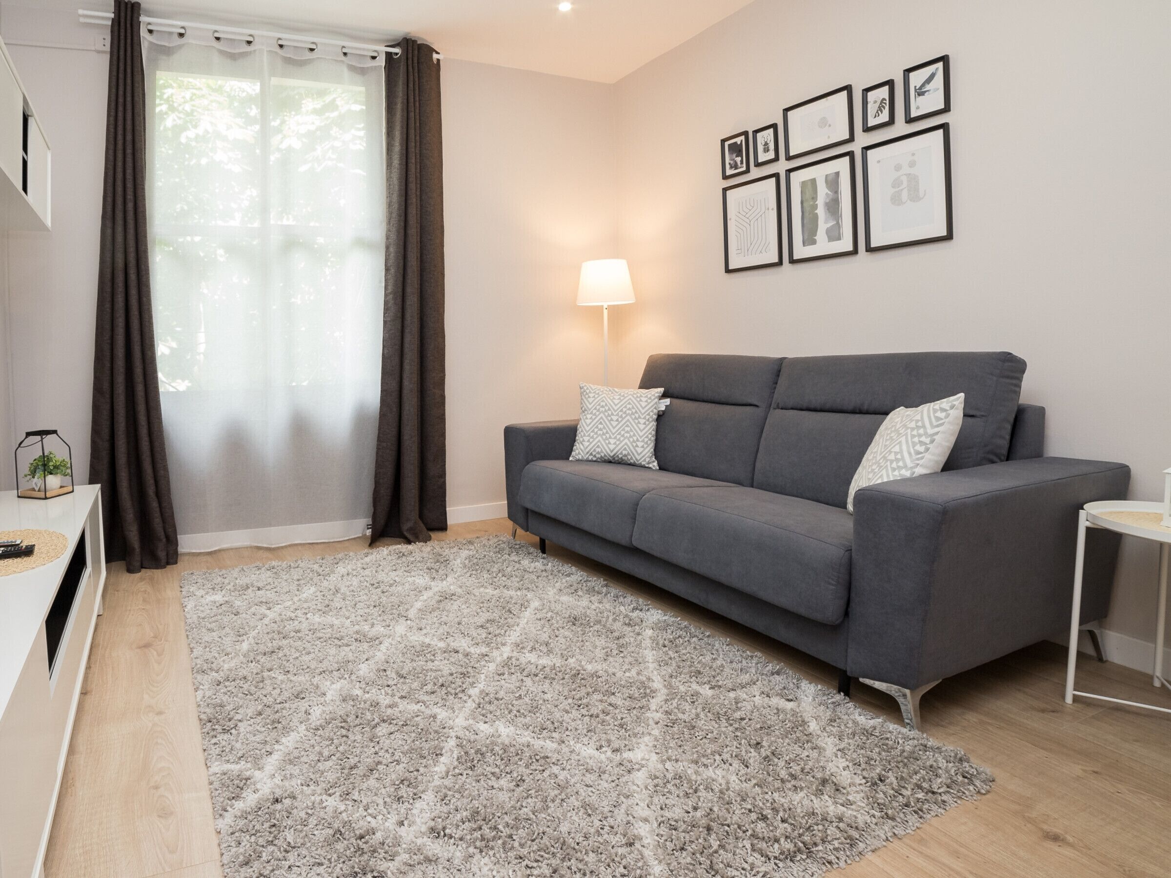 Una sala de estar moderna con un sofá gris, un tapete estampado, una lámpara y cuadros en la pared.