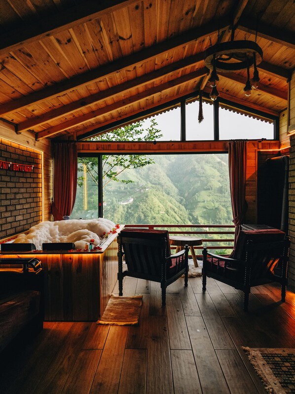 Suite studio luxueuse, vue sur le fleuve | Aire de séjour | Téléviseur connecté de 32 po avec télévision par satellite, téléviseur