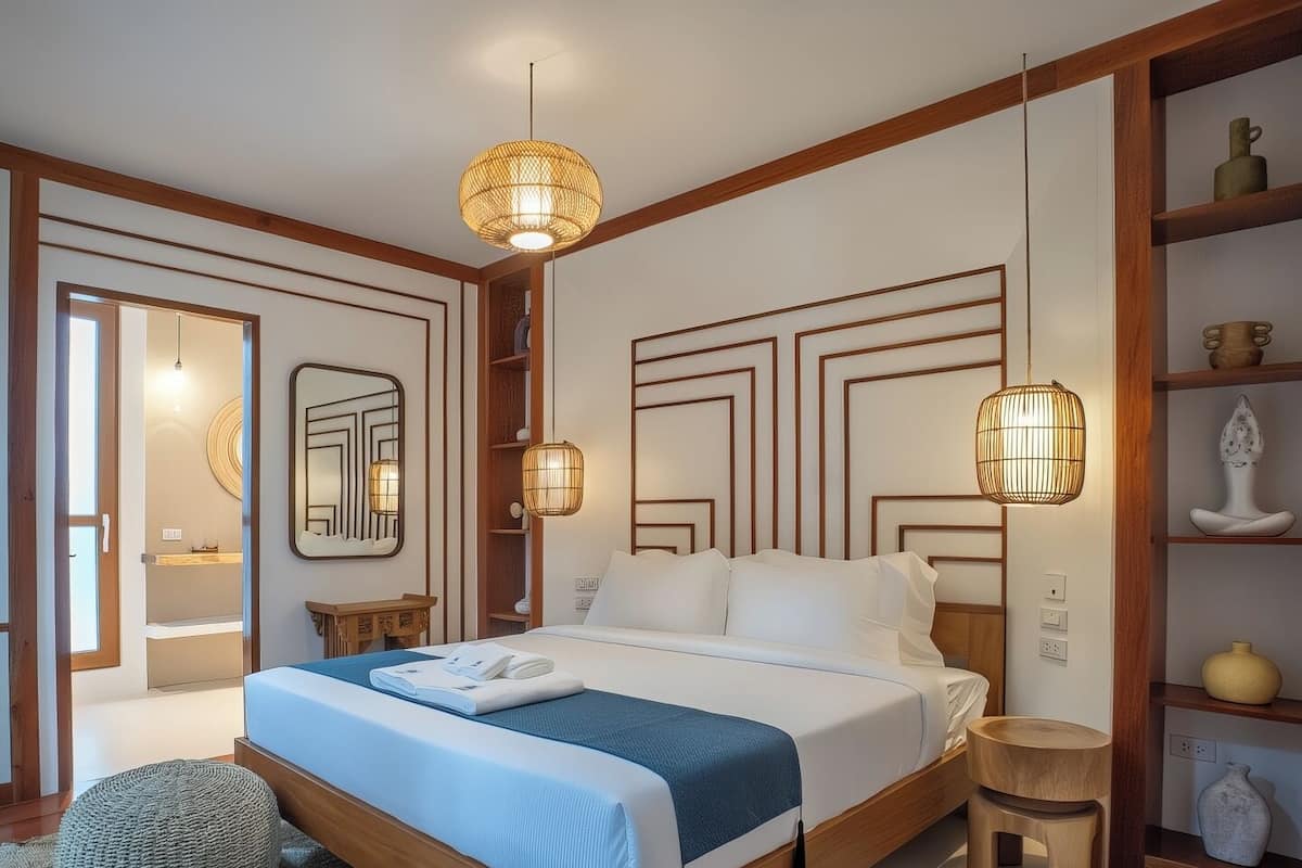 Un dormitorio moderno con una cama grande, lámparas de noche y un cabecero de madera.