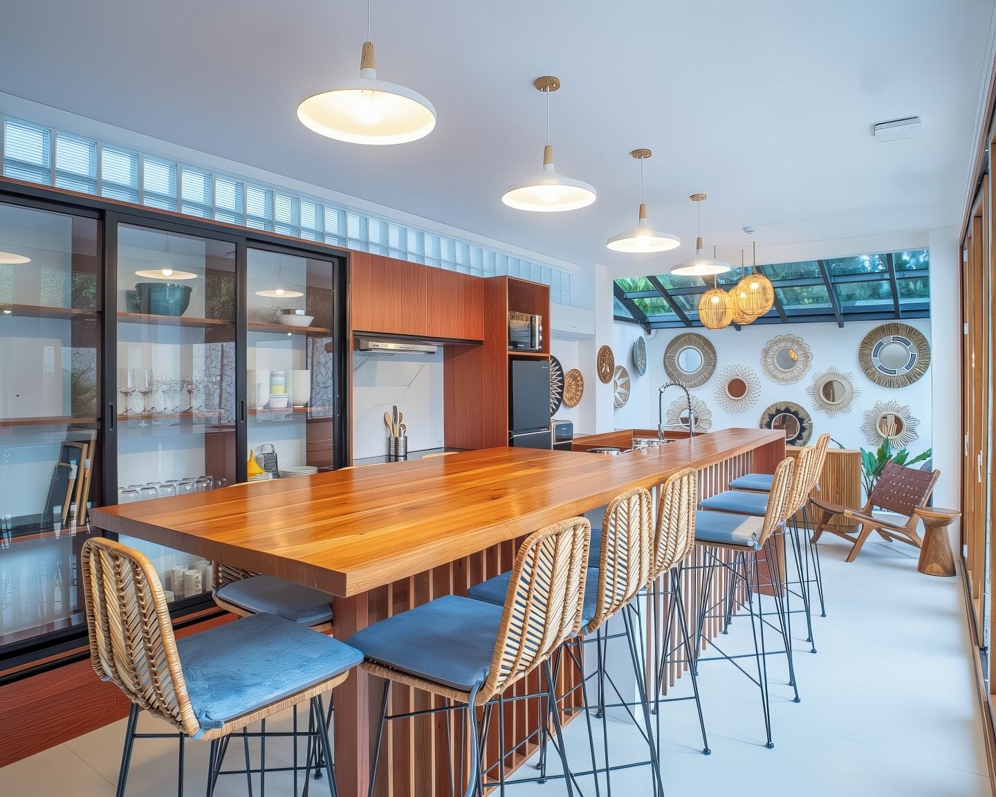 A modern kitchen with a long wooden bar, wicker chairs, and a variety of decorative plates on the wall.