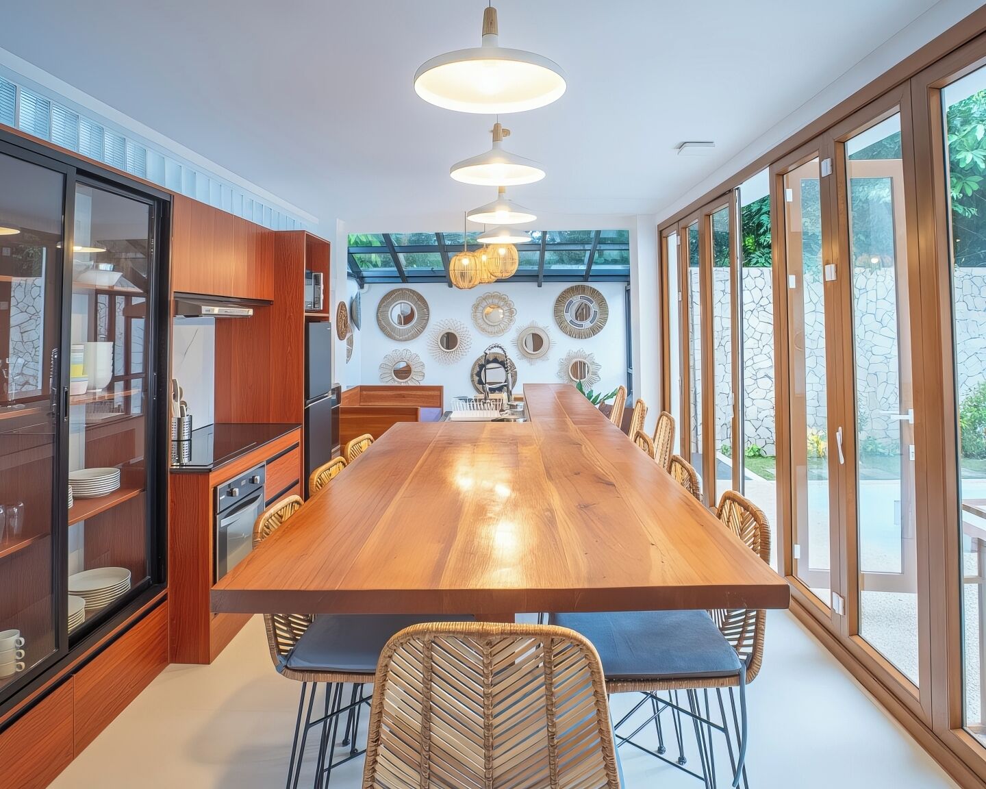 Una cocina moderna con una amplia mesa de comedor de madera, sillas de mimbre y una despensa con puerta de vidrio.